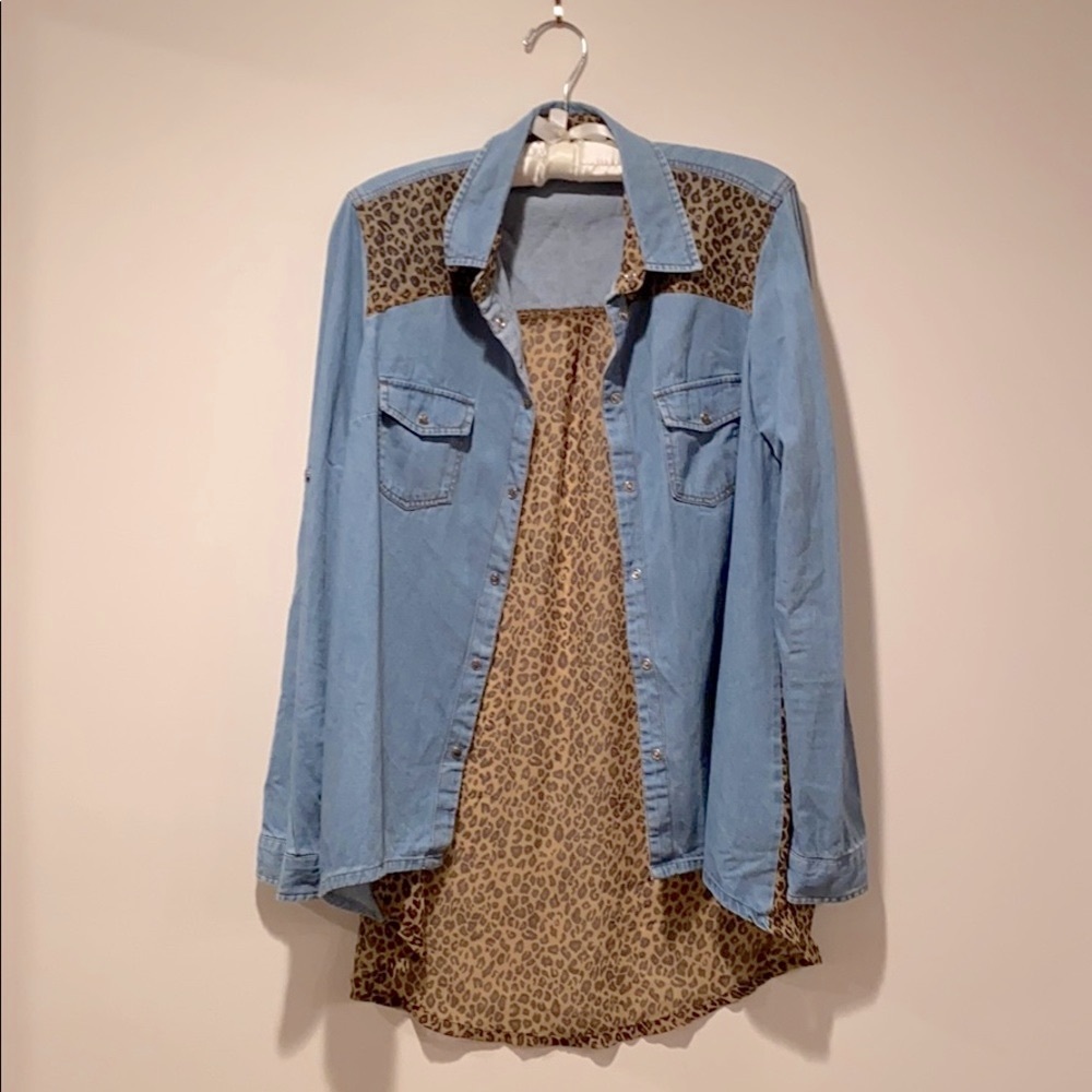 Bershka denim shirt with see-through leopard print back
